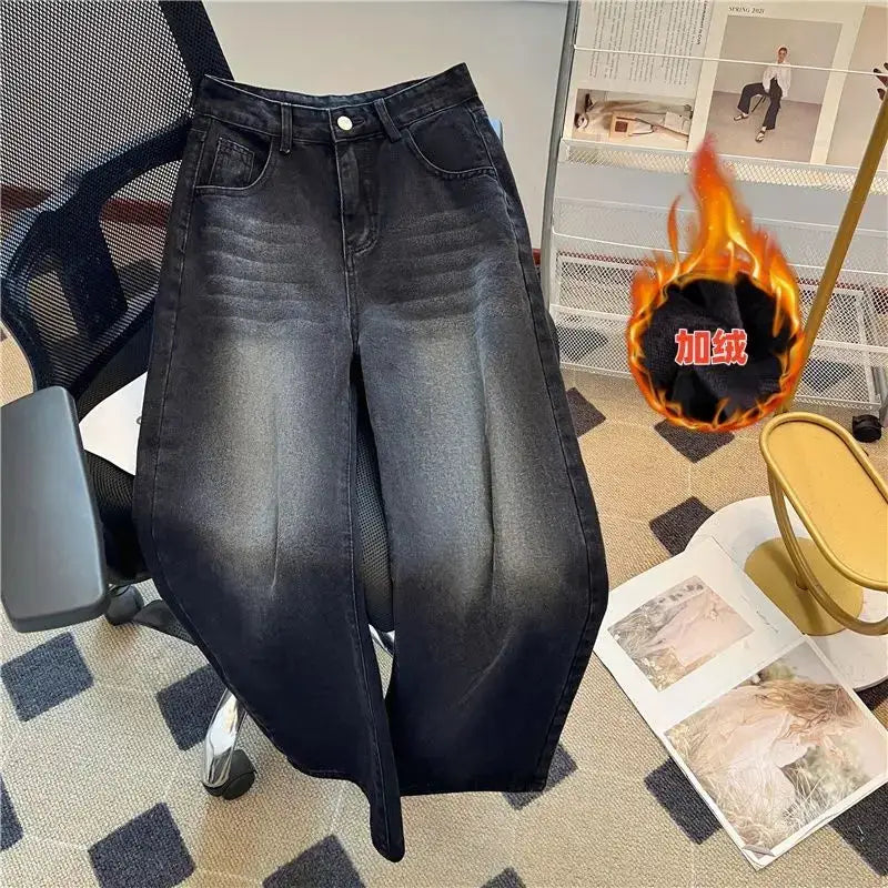 Winter Thick Fleece Jeans Velvet Plush Denim Vintage Slim Trousers