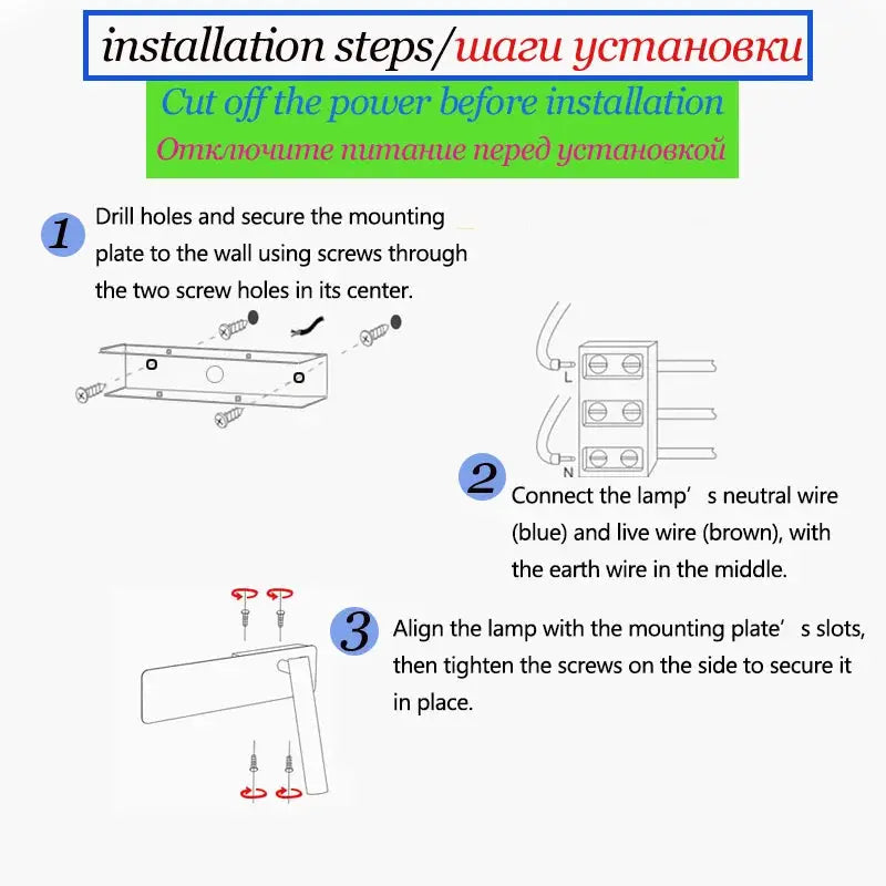 LED wall reading lamp installation guide by Simples Market showing mounting plate, wiring, and screws.