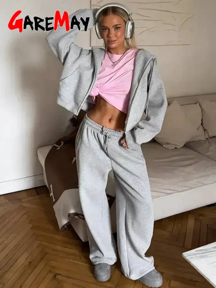 Autumn Women Tracksuit With Zipper Hooded Jacket And Wide Leg Trousers Two Piece Set Yellow Sportswear