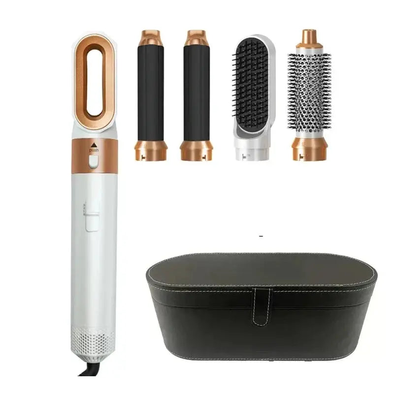 Simples Market 5-in-1 hair styling set with white and rose-gold dryer and five attachments plus case