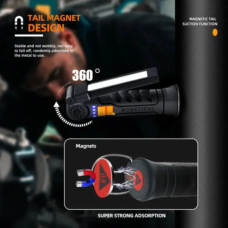 LuminaForge USB Rechargeable COB LED Flashlight Work Light with Magnetic Hook and 360 Degree Rotation
