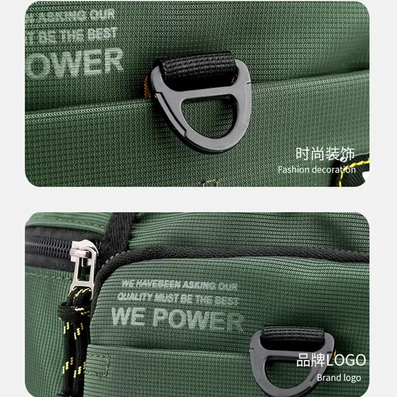 Men's green nylon waist fanny pack with multi-pocket design and paracord zipper pull.