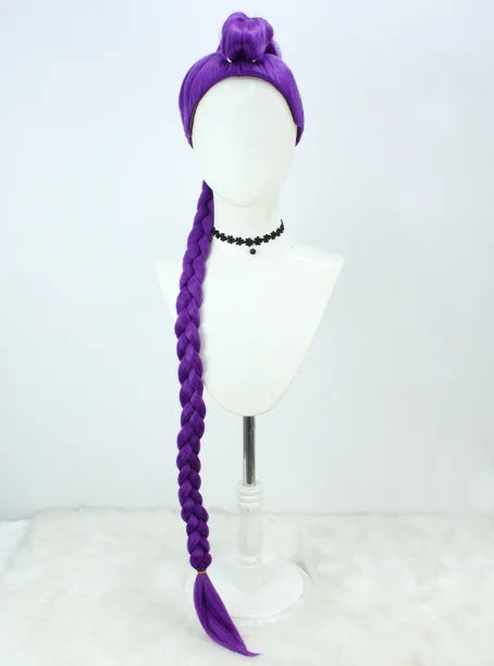 KPOP cosplay wig, purple with a long braid and top bun, heat‑resistant synthetic by Simples Market