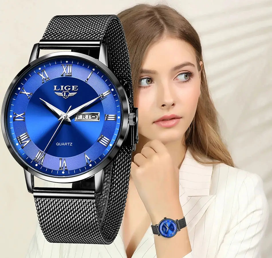 LIGE women's blue dial stainless-steel mesh watch with date window