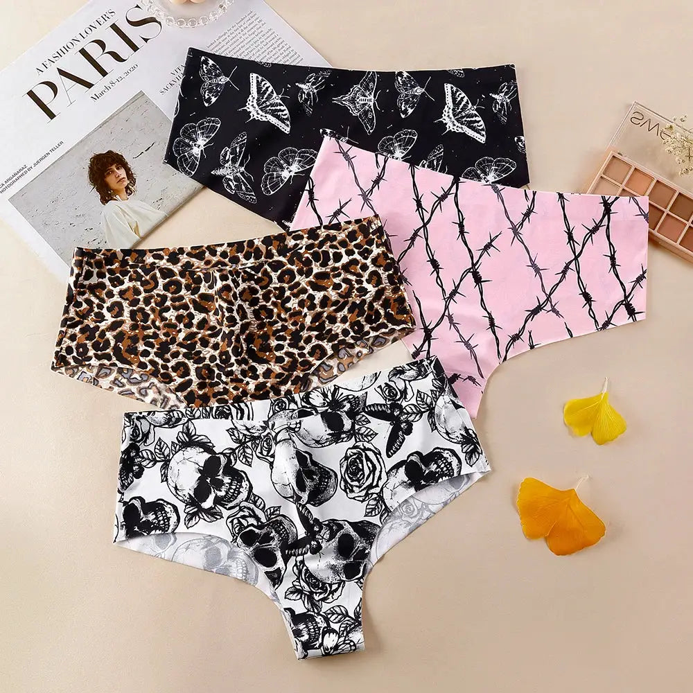 Simples Market BANNIROU women's seamless print briefs set of 5; mid-rise ice silk panties in leopard, pink barbed-wire