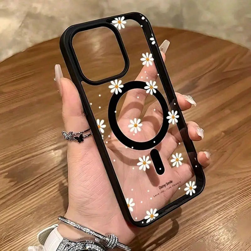 Simples Market clear MagSafe phone case with white daisy pattern and black border, iPhone 11–17 Pro/Max