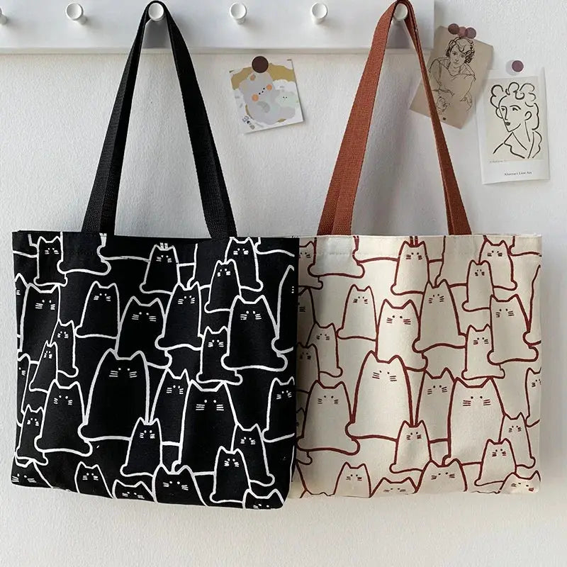 Kawaii Cat Cartoon Canvas Tote Bag For Women With Durable Zipper And Japanese Style Cat Pattern