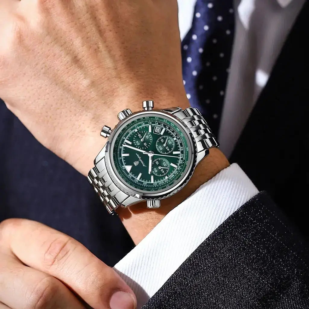 POEDAGAR Luxury Men Chronograph Stainless Steel Watch Waterproof Luminous Quartz Date Display Military Sport Timepiece