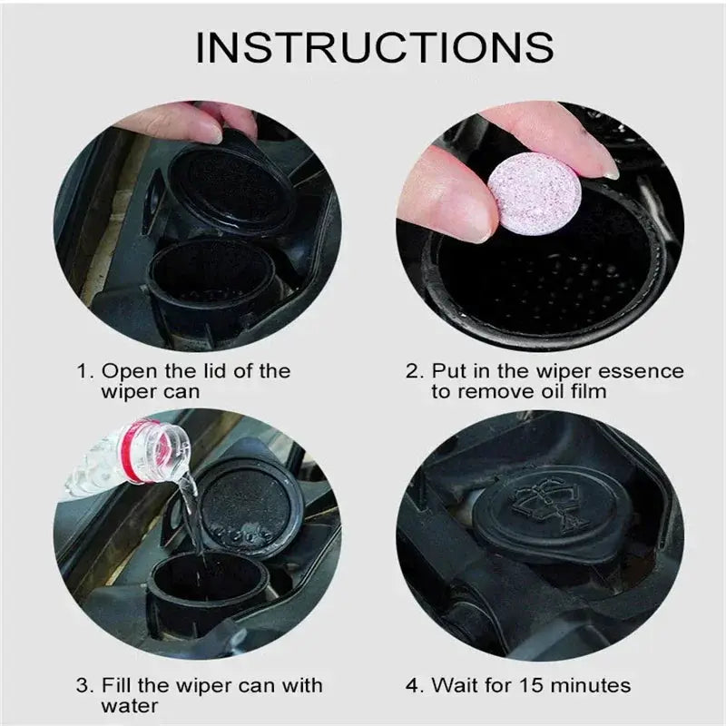 Car windshield cleaner effervescent tablets by Simples Market with four-step wiper can usage instructions.