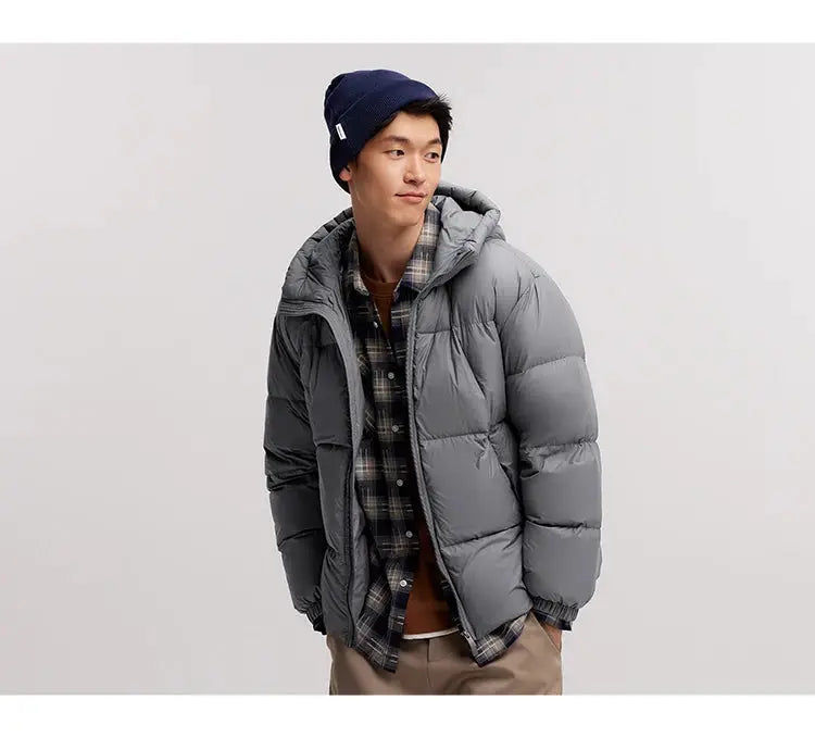 Semir men's gray hooded down jacket, layered over a plaid shirt for winter outerwear.