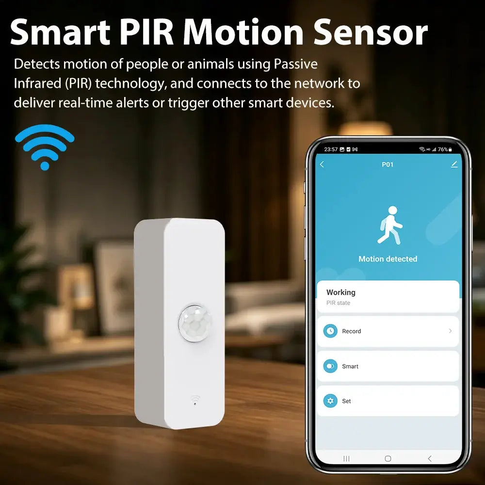 Tuya WiFi Zigbee PIR motion sensor; white rectangular detector with round sensor shown beside a smartphone app screen