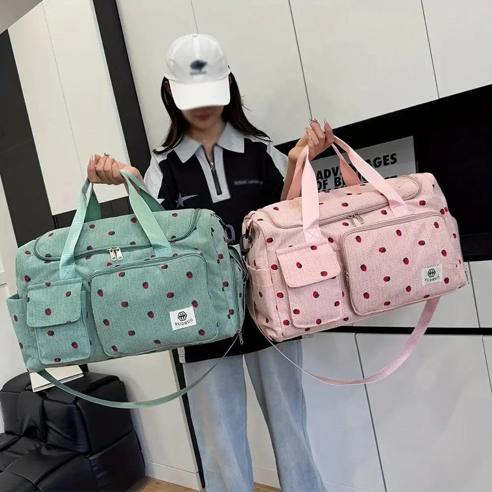 Strawberry-pattern corduroy travel duffel bags set of two, large-capacity mint green and pink by Simples Market