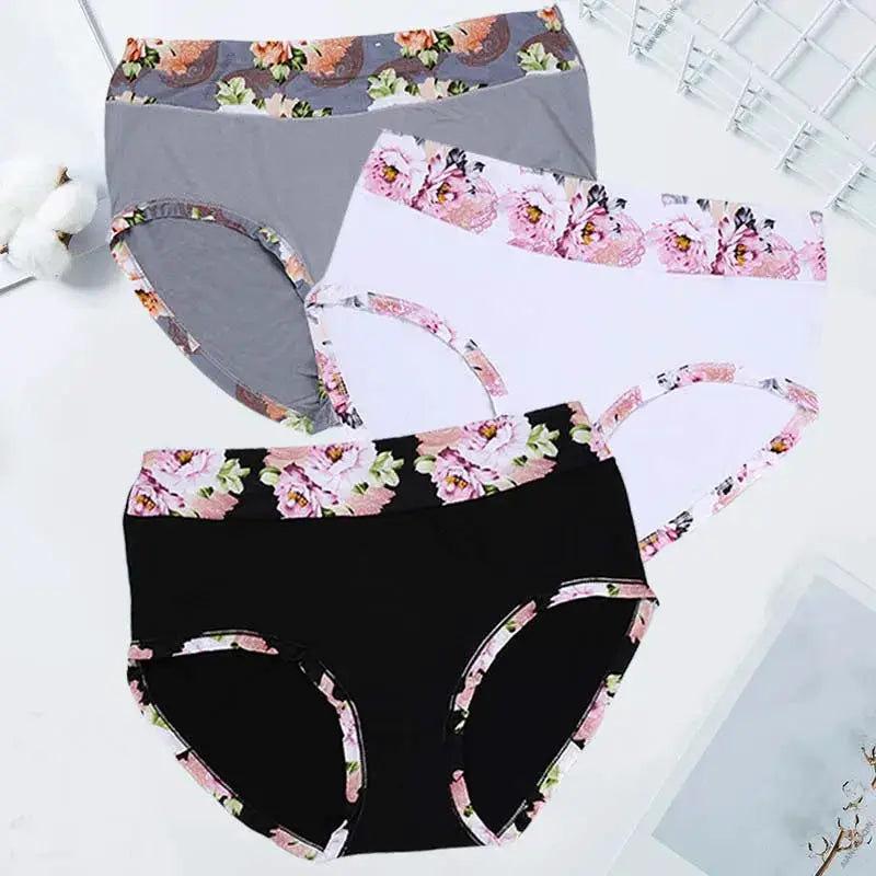 Panties by Simples Market, 3-pack floral underwear in gray, white, and black with pink trim; plus sizes 4XL–13XL