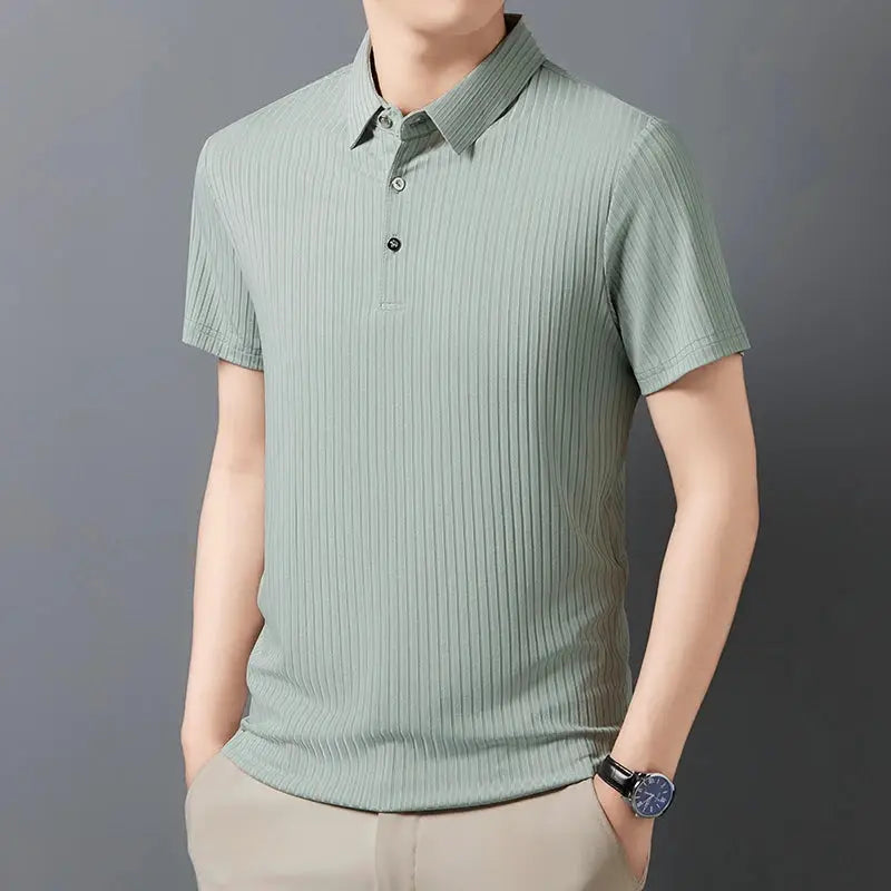 Men's light-green striped polo shirt with collar and short sleeves, breathable ribbed fabric