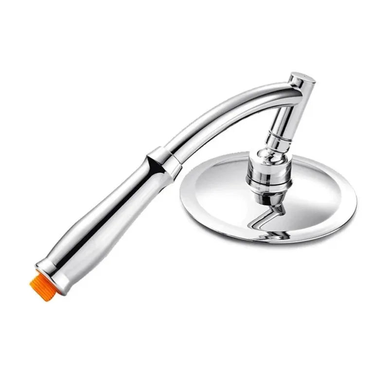 Simples Market chrome handheld shower head with curved arm and round wall mount; orange nozzle tip