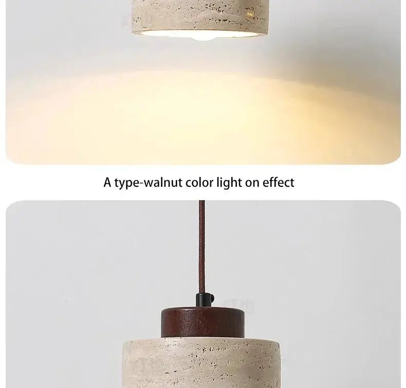 Led pendant lamp with beige stone-textured shade and walnut wood top, brown cord