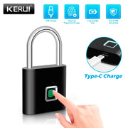 KERUI Smart Fingerprint Padlock Waterproof Keyless Door Lock Type C Rechargeable Security Padlock For Home