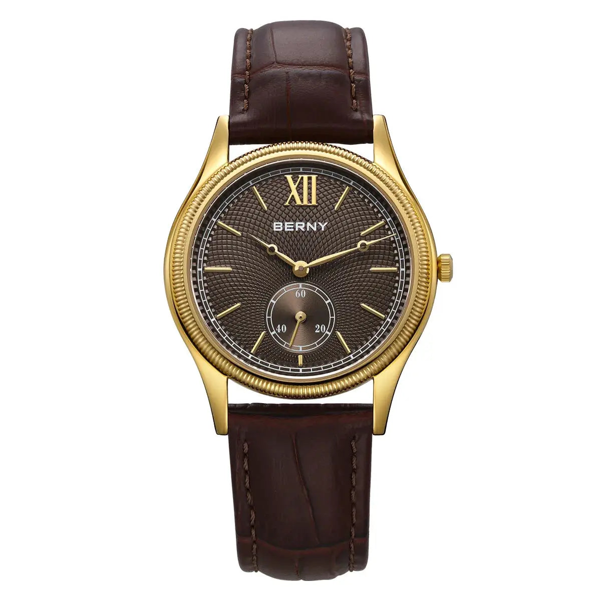 BERNY men's luxury dress watch with gold-tone case and brown leather strap