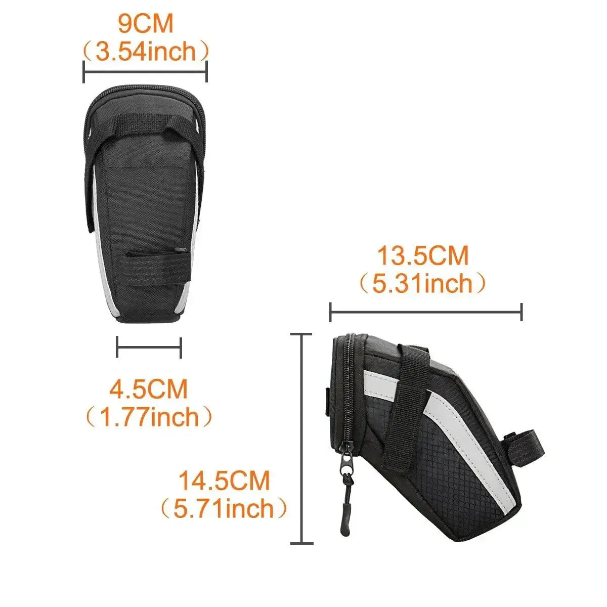 Dimensions of B SOUL cycling saddle bag showing its compact design for convenient bike storage.