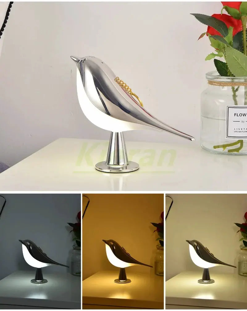 Simples Market Nordic Magpie LED desk lamp; metallic silver bird with white underside.