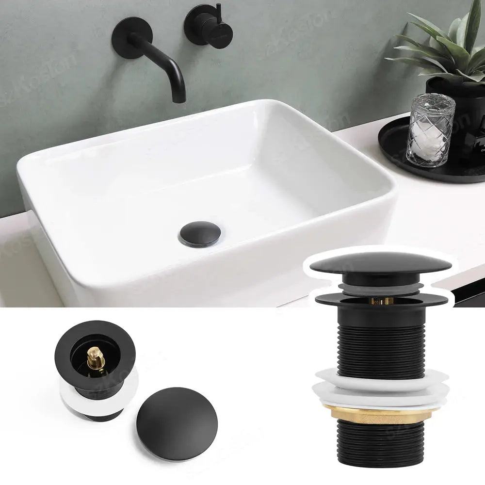 Pop-up drain button for bathroom sink by Simples Market in black with waste stopper assembly