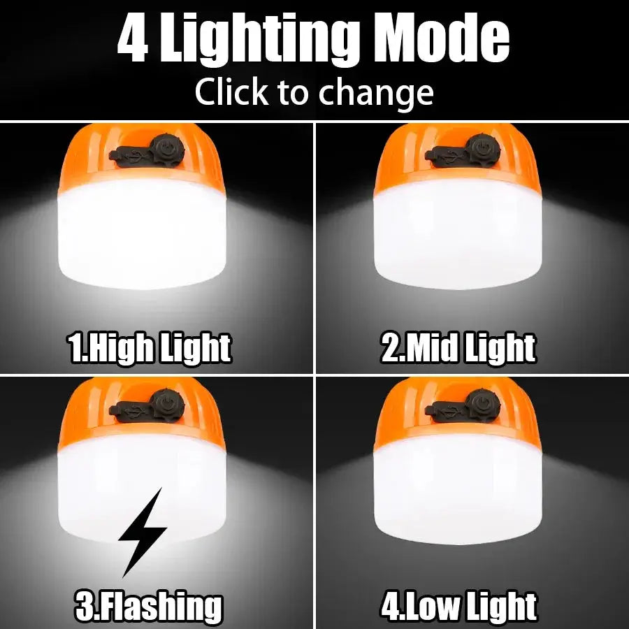 Simples Market 500W LED camping lantern with orange top, USB rechargeable, power display, four lighting modes