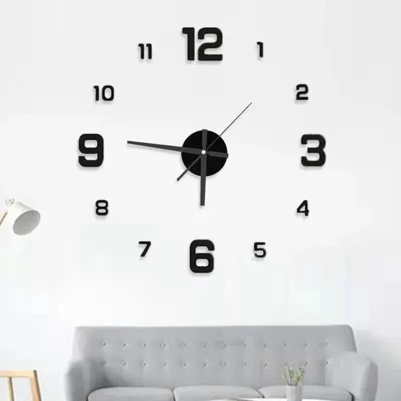 Large 3D DIY silent wall clock with oversized black numerals on white wall