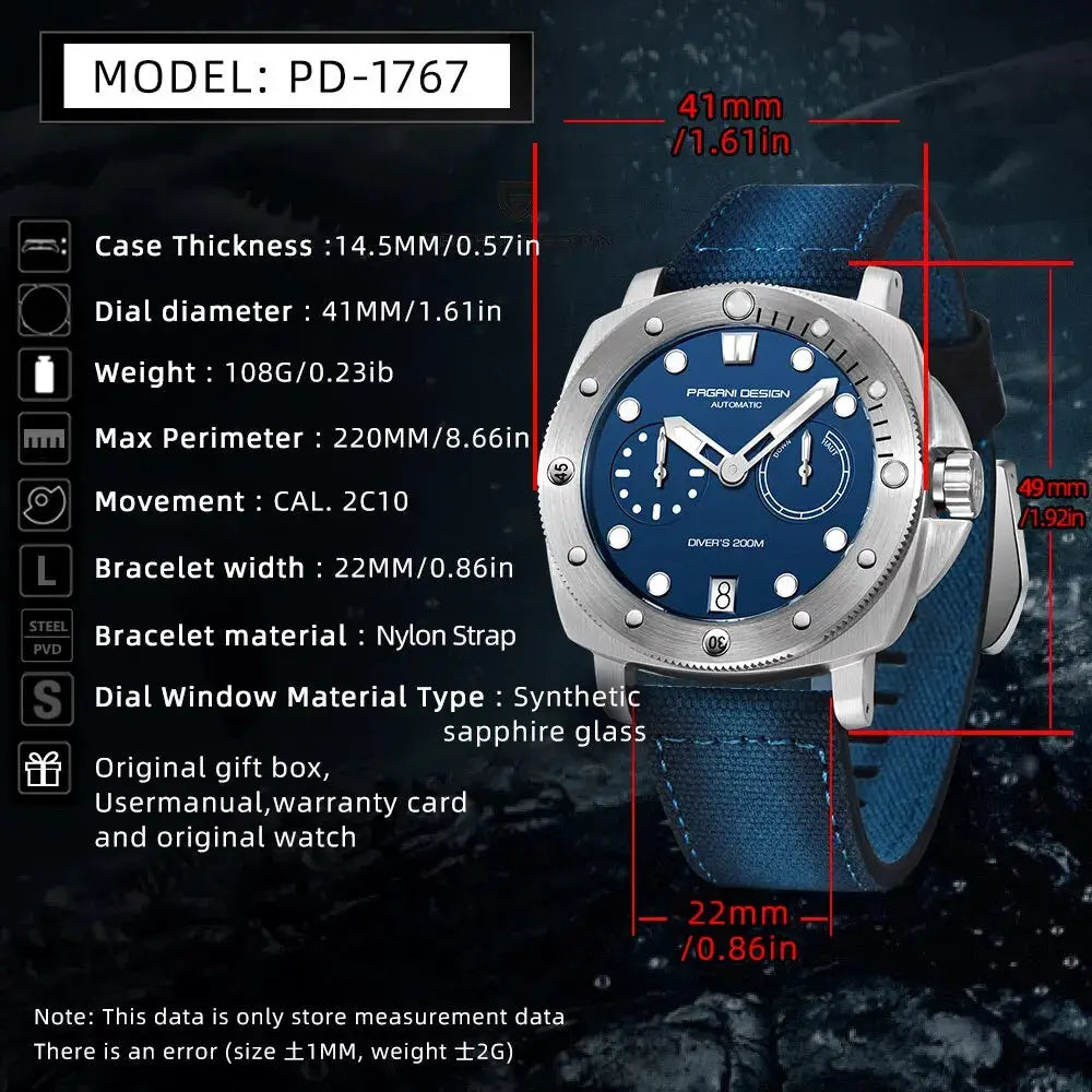 Pagani Design PD-1767 men's automatic diver watch with blue dial, nylon strap.