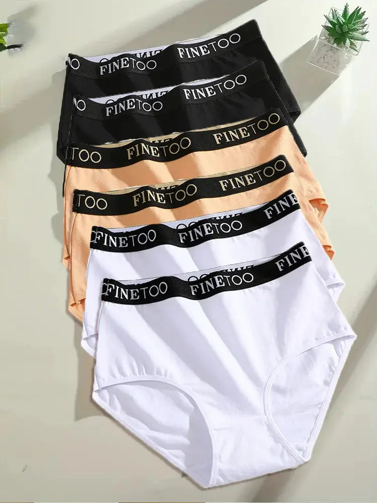 Finetoo women's seamless cotton briefs six-pack with assorted colors (black, peach, white); FINETOO waistband