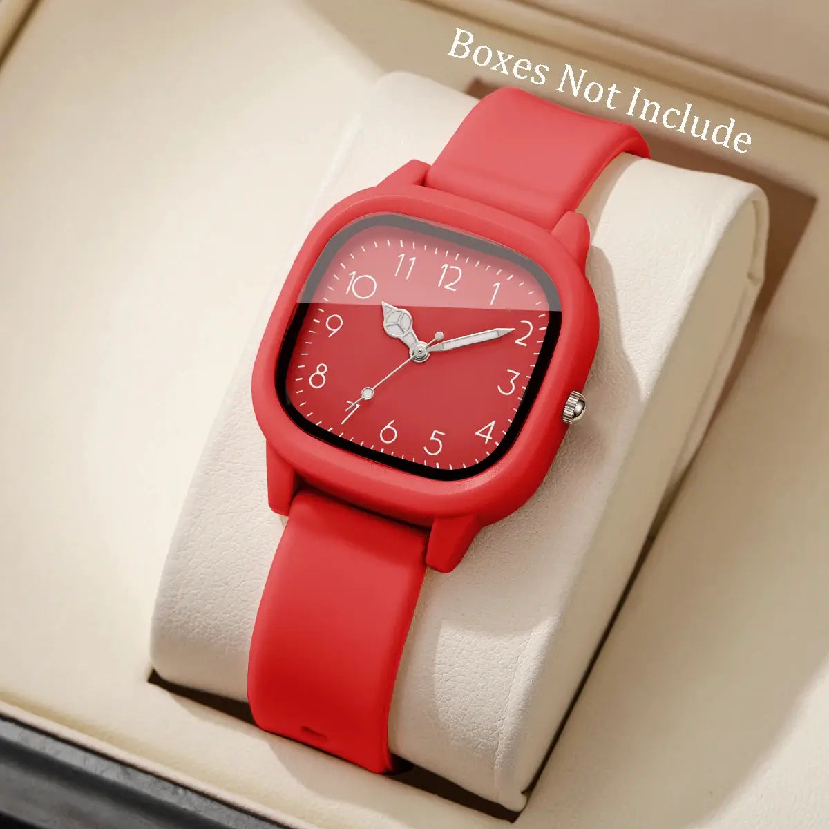 Red silicone-band women's quartz wristwatch with Arabic numerals on red dial.