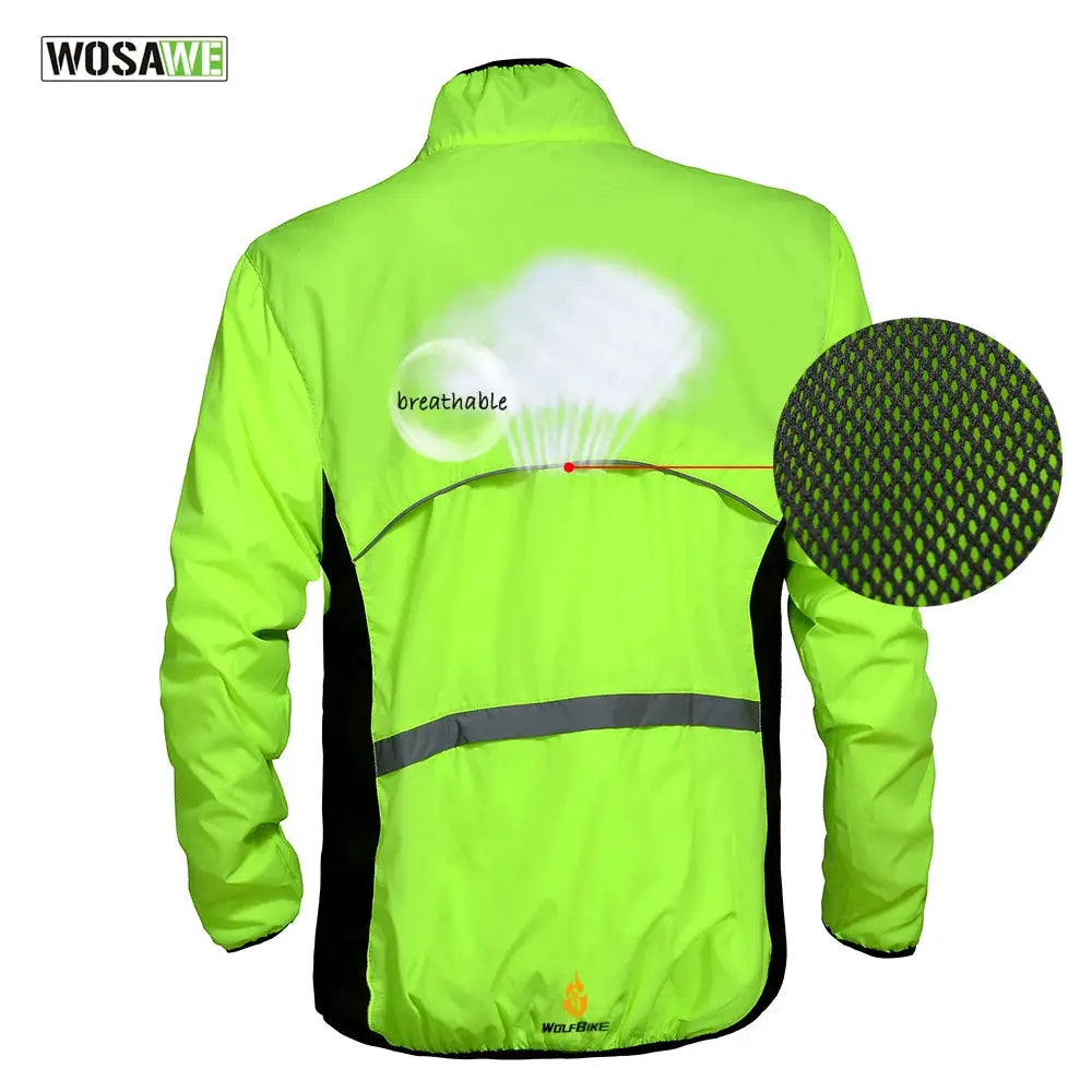 WOSAWE men's neon green windproof water-repellent cycling jacket with reflective back stripe