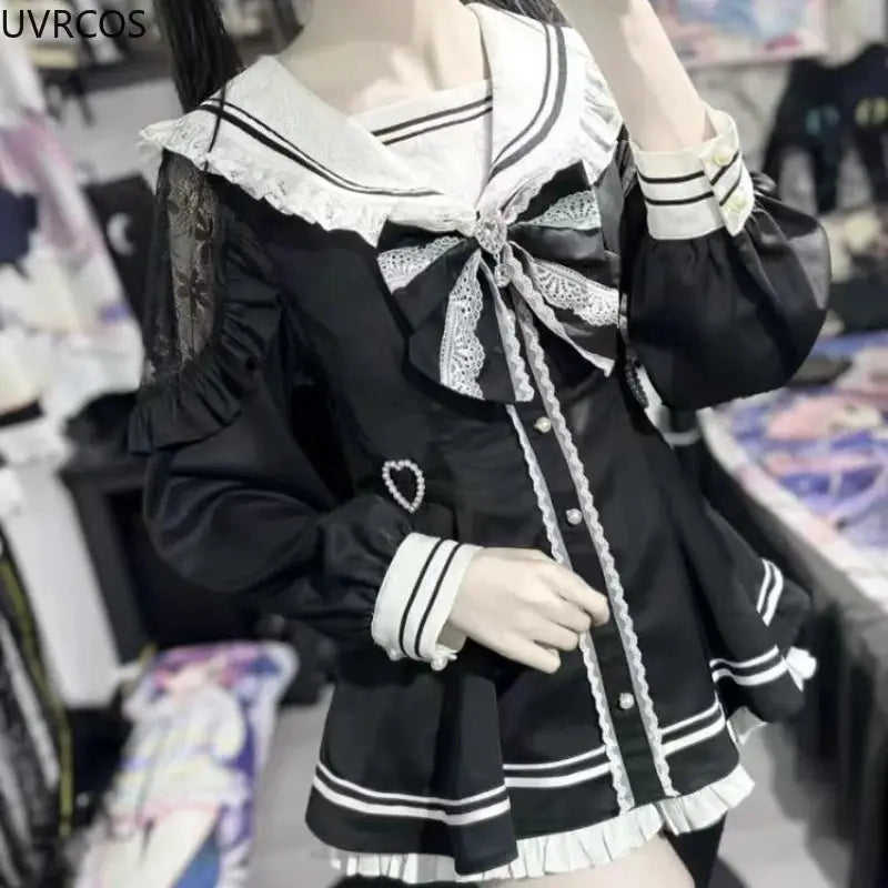 Japanese Style Gothic Y2K Lolita Bow Dress Set Women Long Sleeve