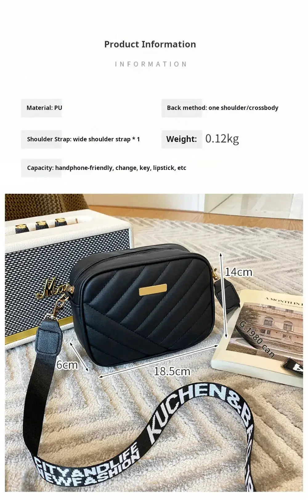 Shoulder bag PU leather, black quilted crossbody with wide strap, compact 18.5x14x6 cm