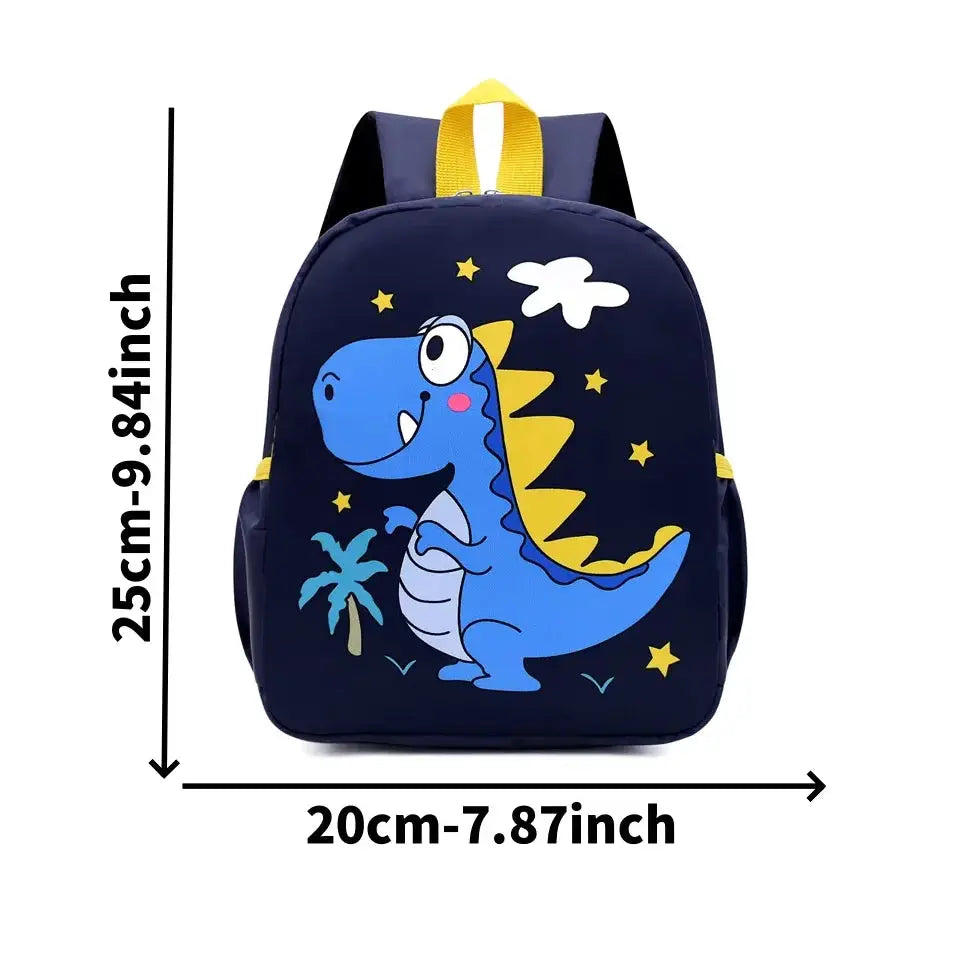 Kindergarten dinosaur backpack; navy canvas with blue dinosaur print and yellow top handle.