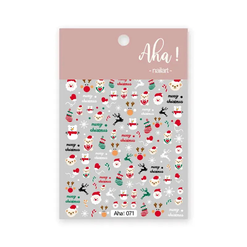 Winter Christmas nail stickers by Simples Market, self-adhesive with snowmen, Santa and reindeer on grey background.