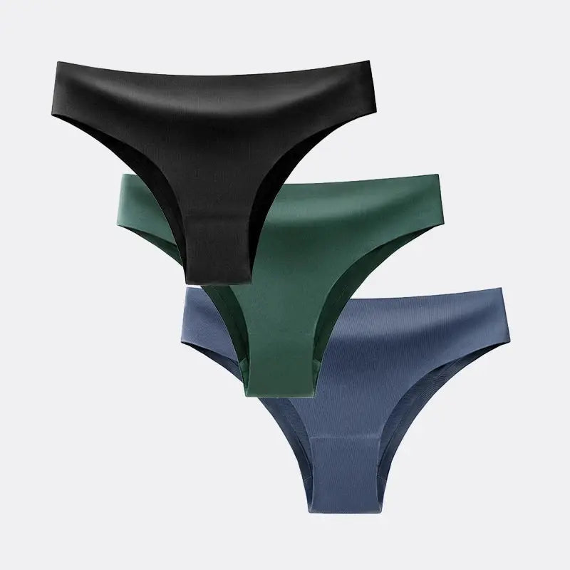 3Pcs seamless thong panties by Simples Market in black, green, and blue ice-silk fabric