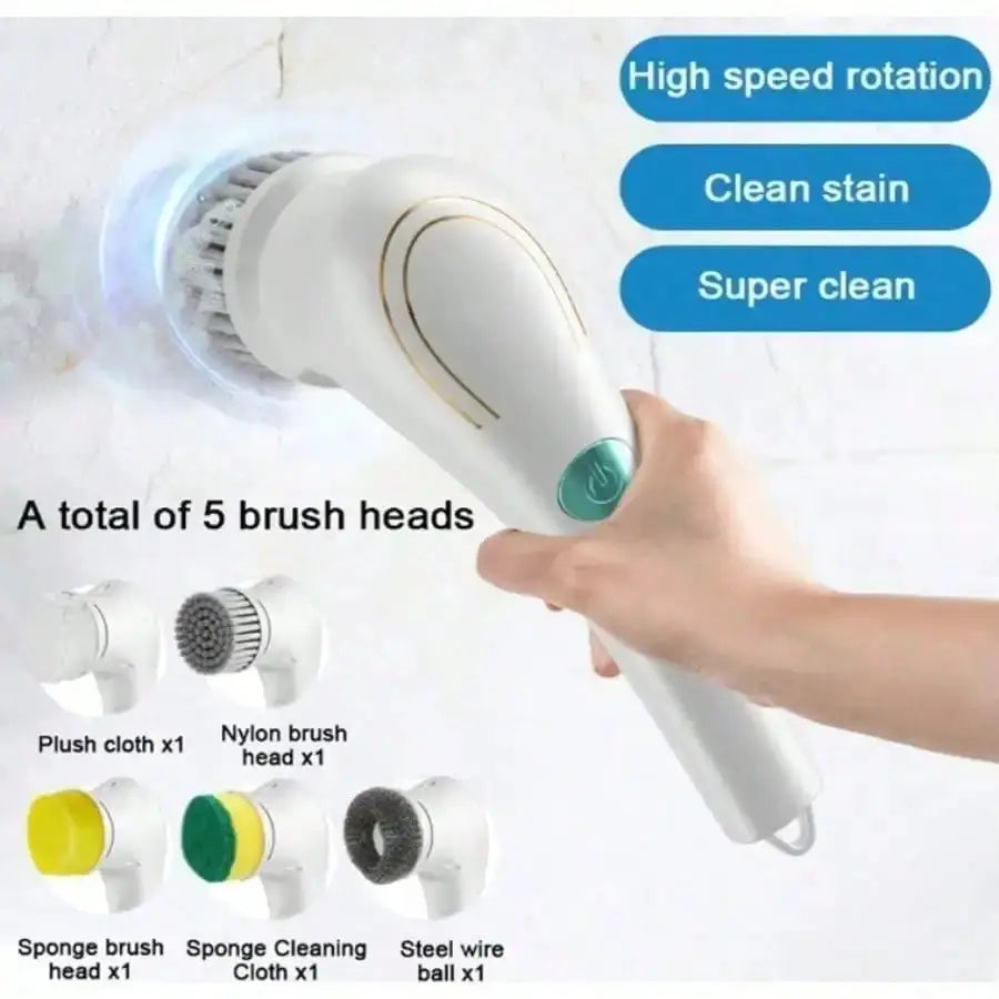 Simples Market electric cleaning tool with 5 interchangeable brush heads, white body and teal button.