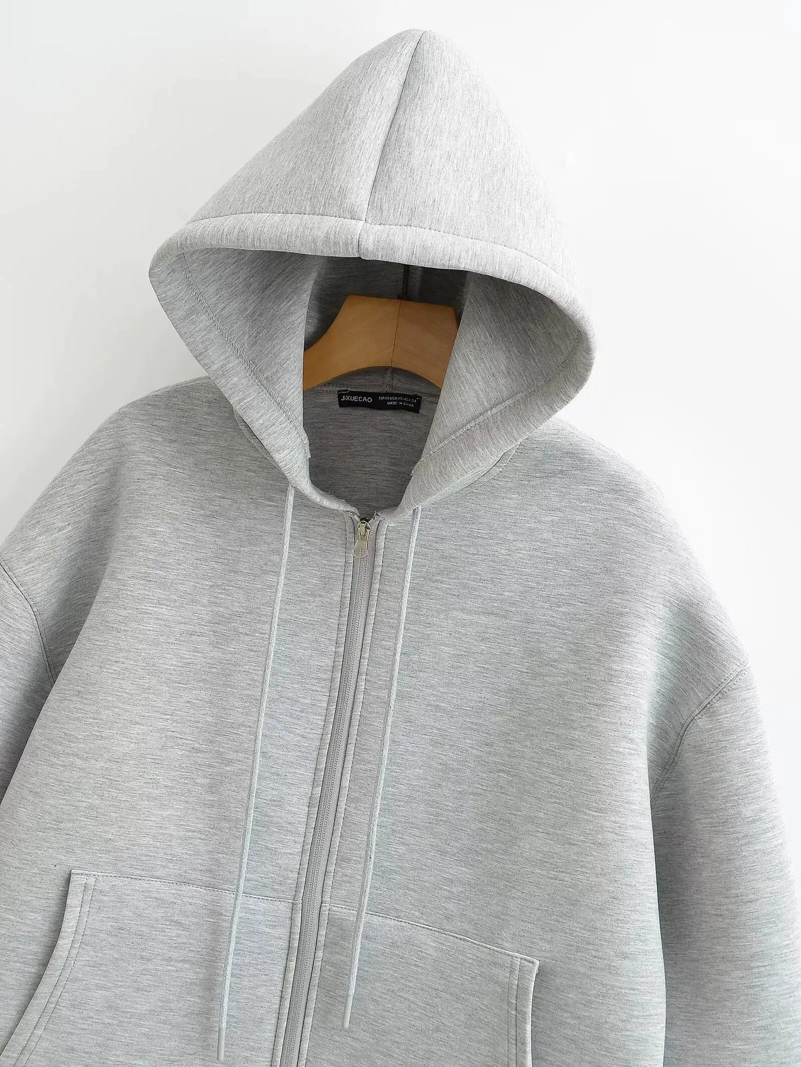 Autumn Gray Hooded Jacket For Women With Big Pockets And Zipper Closure Relaxed Casual Fit For Everyday Comfort