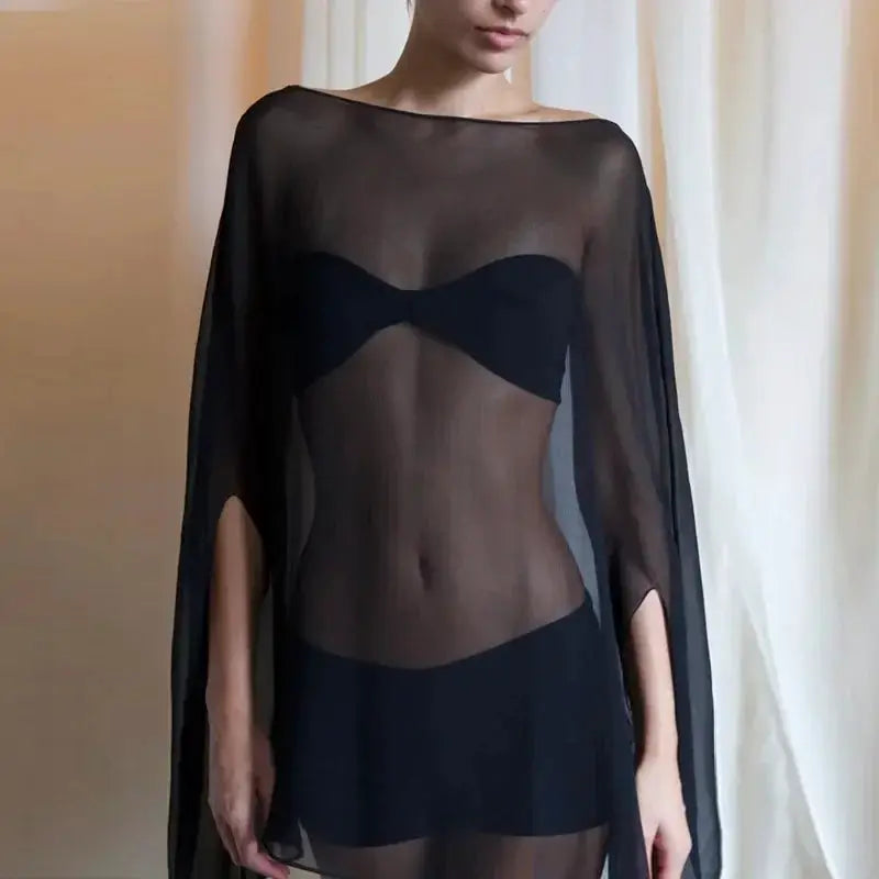 Women's sheer black chiffon blouse cover-up with long sleeves over a black bandeau top — Simples Market