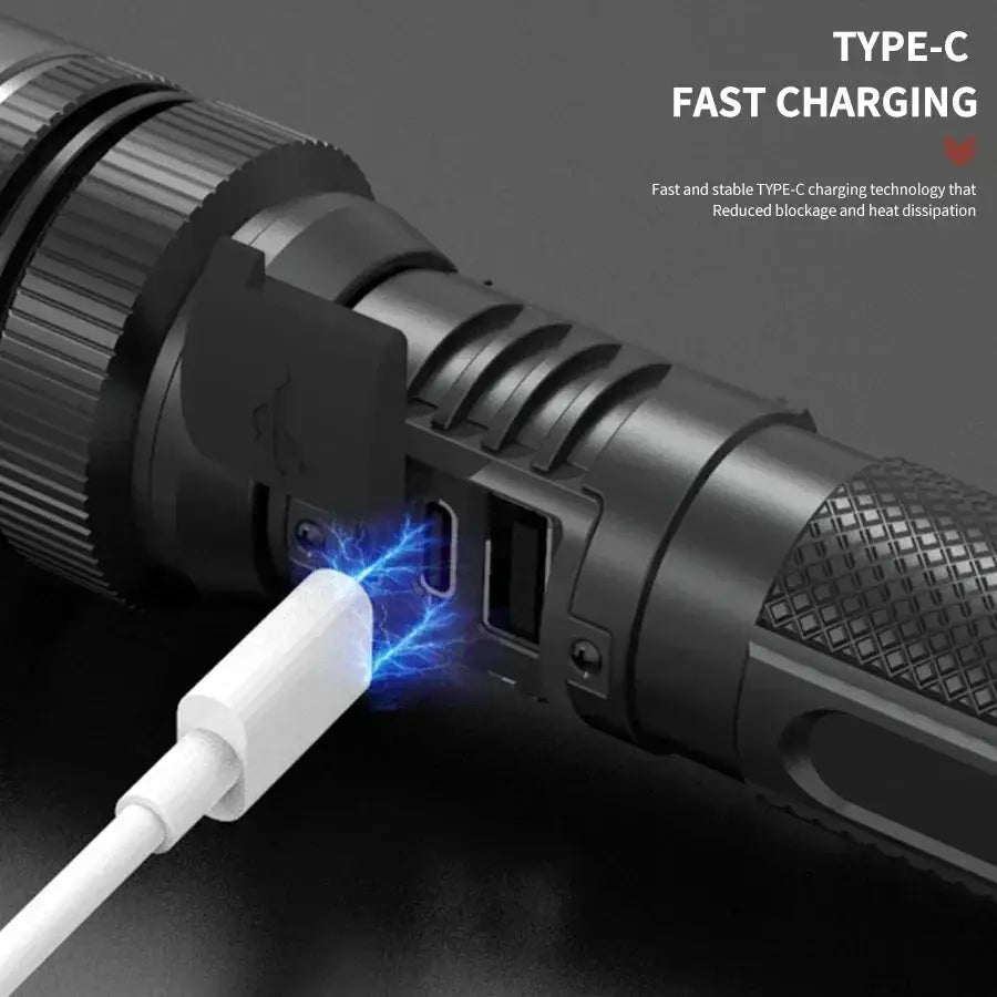 LED flashlight Simples Market, 100000LM, USB-C fast charging, black tactical outdoor lantern