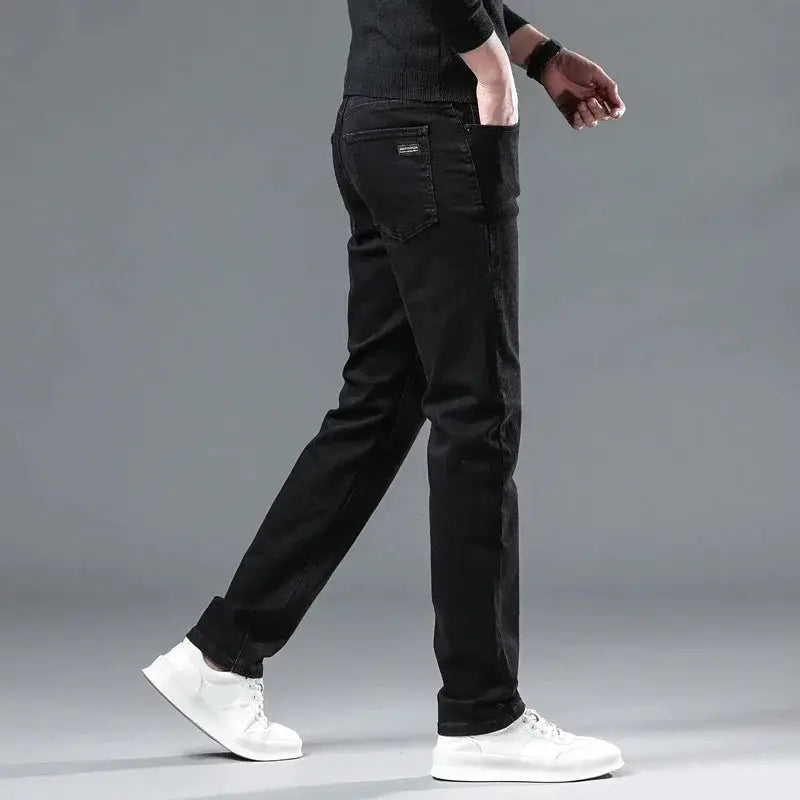 Men's black fleece-lined straight-leg denim pants for winter