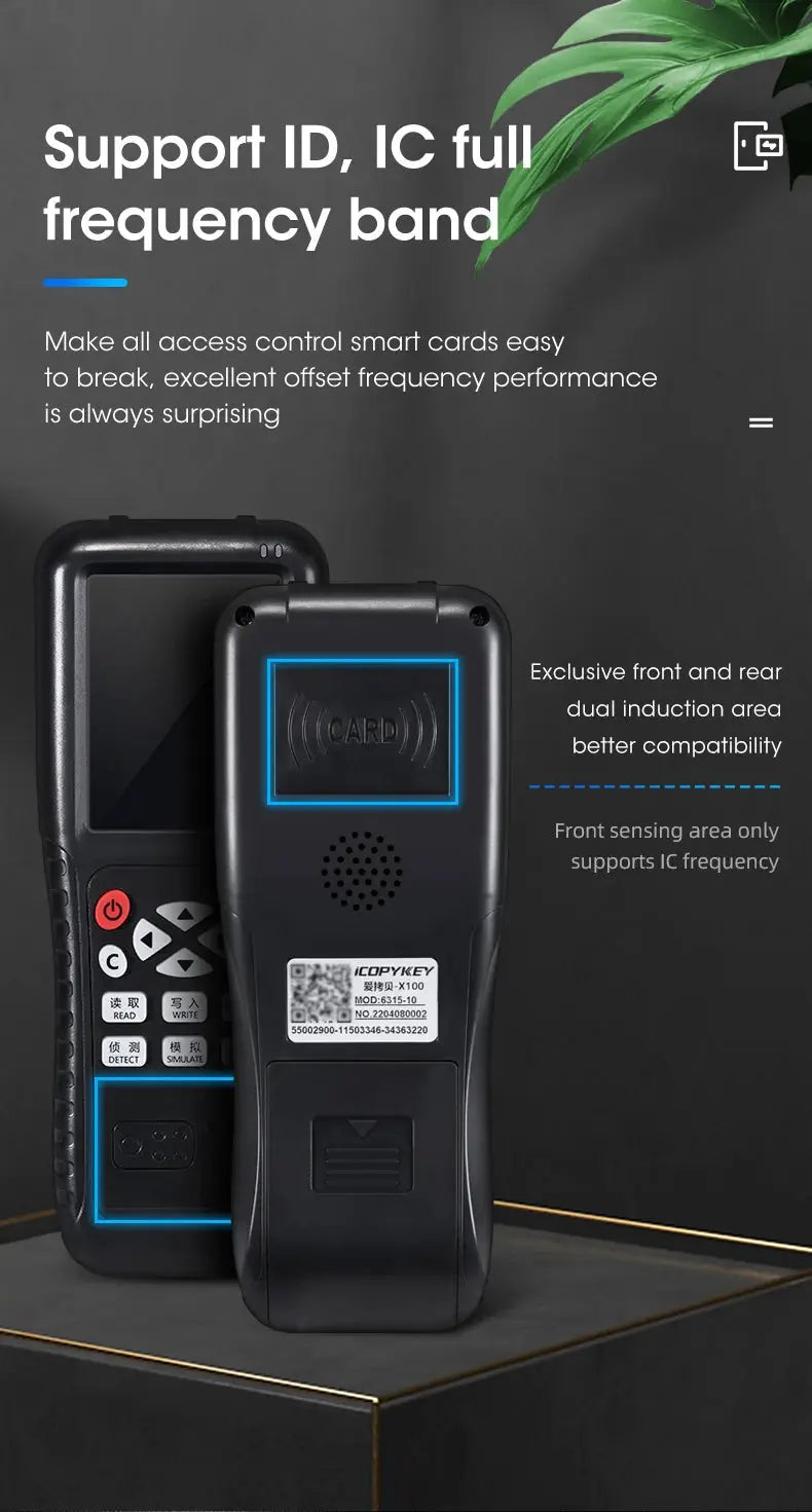 NFC smart card reader/writer X100; two black handheld RFID programmers with card slots