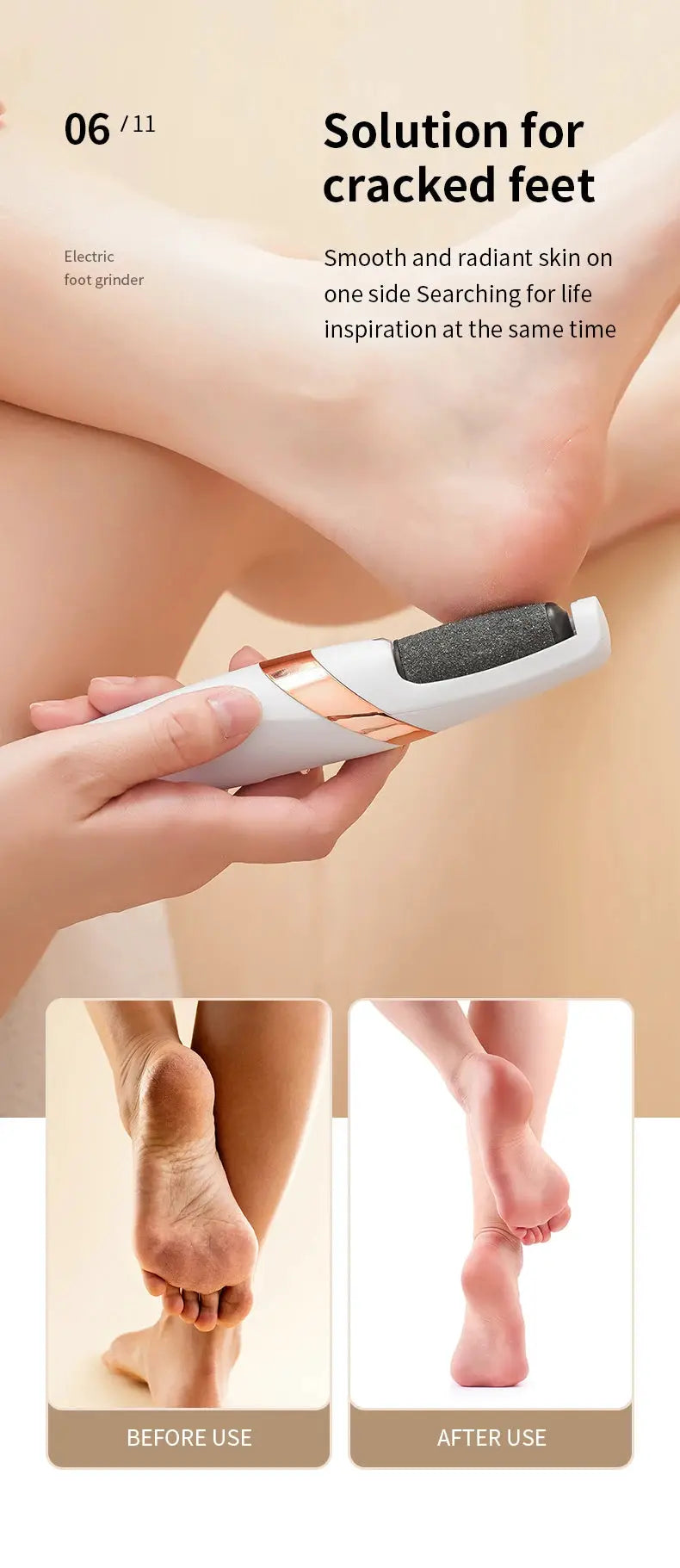 HOMEFISH electric foot grinder by Simples Market; white handheld foot callus remover with rose-gold accents.