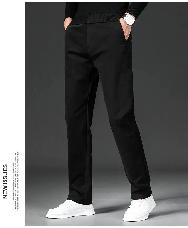 Men's black cotton-stretch chinos, straight-fit casual/workwear pants