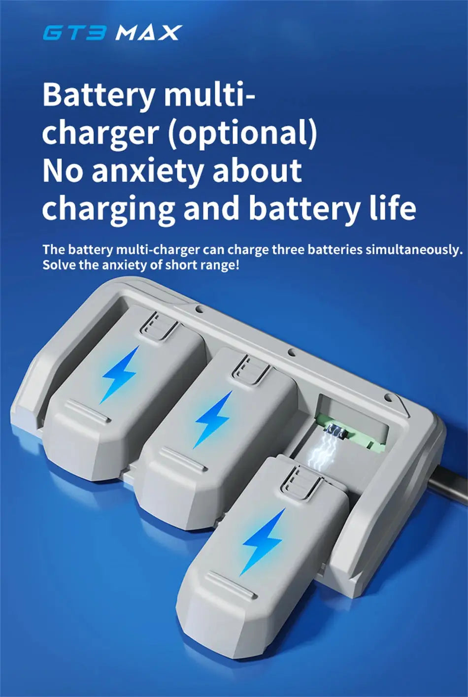 GT3 MAX drone battery charger by Simples Market; charges three batteries simultaneously against a blue background.