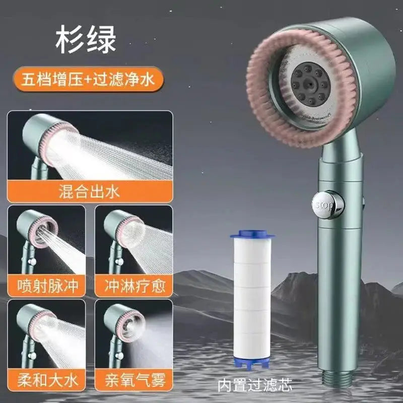 New 5-mode pressurized shower head with built-in filter, green metallic finish, water-saving spray nozzles.