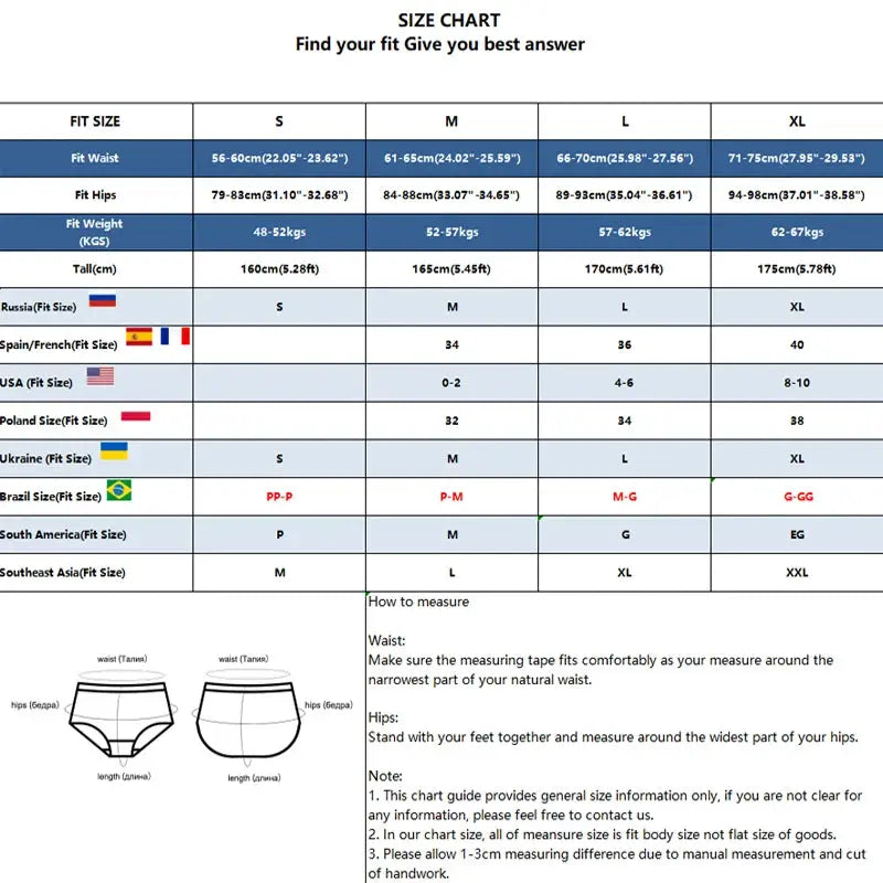 4-piece women's cotton lace panties set with V-waist thong style; size chart illustration