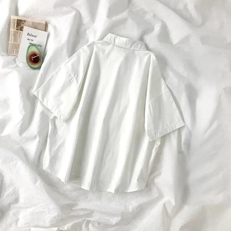White Simples Market women's short-sleeve lapel blouse with necktie, casual college style.
