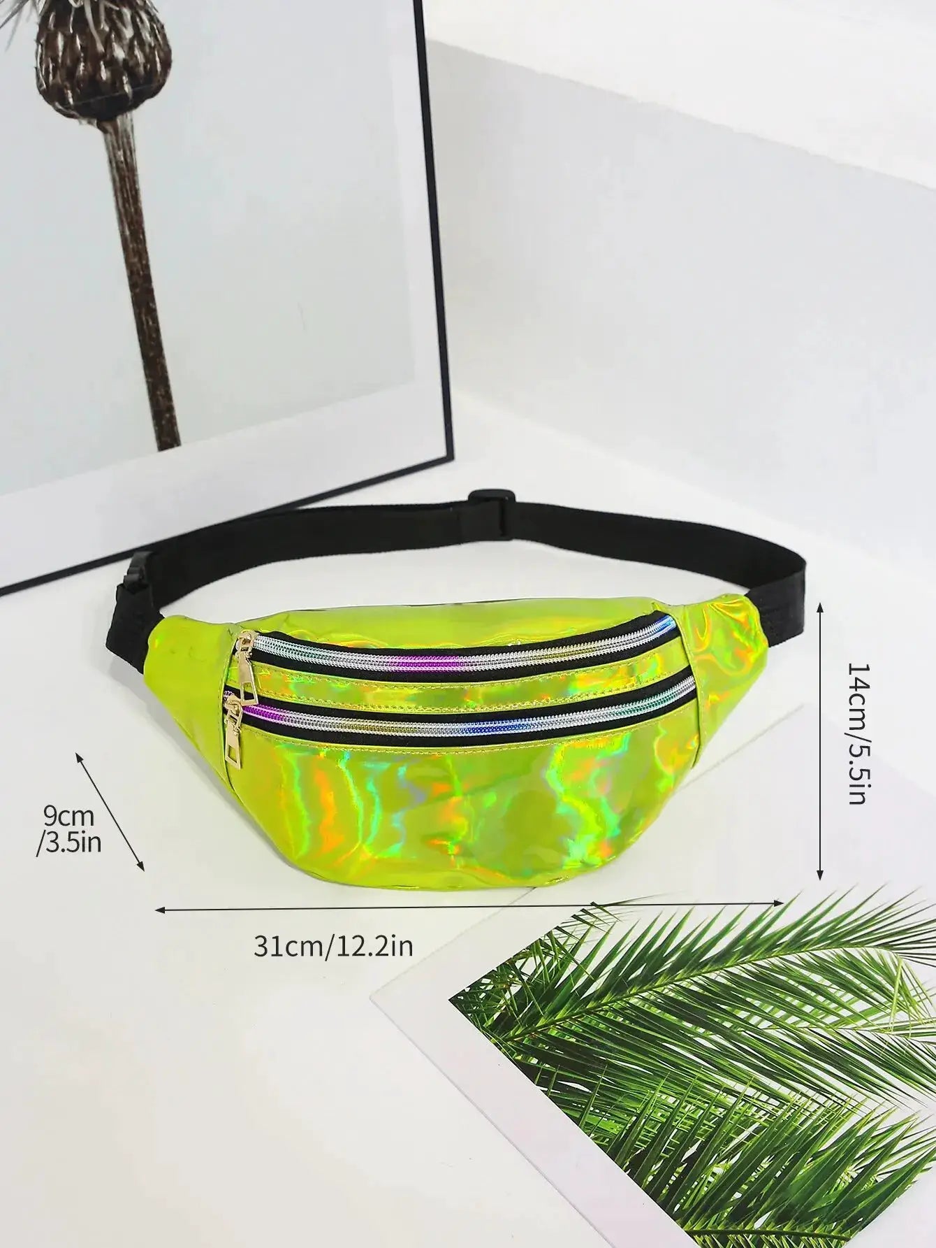 Holographic laser waist bag with black adjustable strap, dual zipper pockets, 31cm wide and 12.2in long
