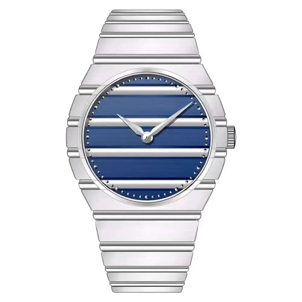 Men's stainless steel watch with blue striped dial, 37mm case, quartz, silver bracelet, 50M water resistant.